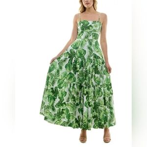 Taylor Green Leaf Pattern Maxi Dress Square Cotton  Lined Smocked Back Size 10 L